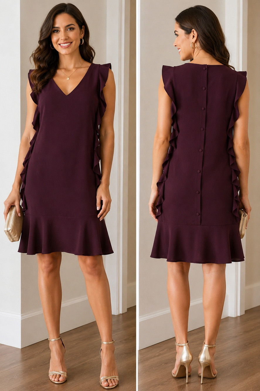 CeCe Burgundy Ruffle Shift Dress Sleeveless V Neck Back Button Lined Size 10